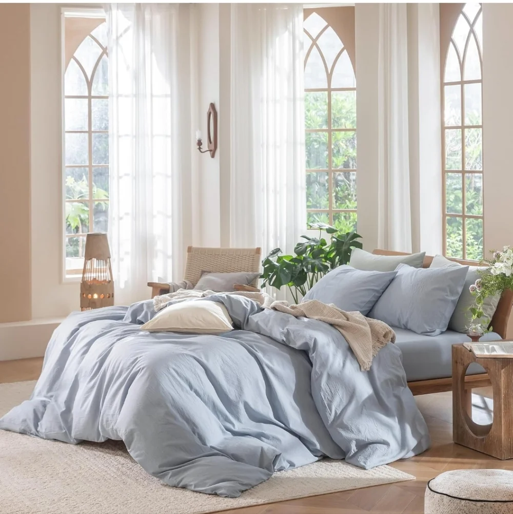 MooMee Bedding Duvet Cover Set 100% Washed Cotton Linen Like Textured Breathable